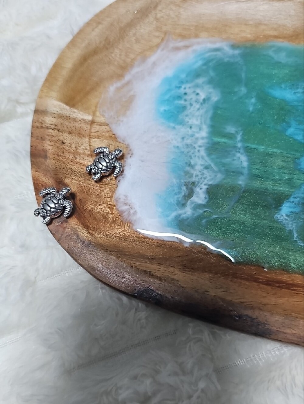 Handcrafted Wooden Ocean Resin Tray - Teal & White Wave Design - Picture 5 of 11